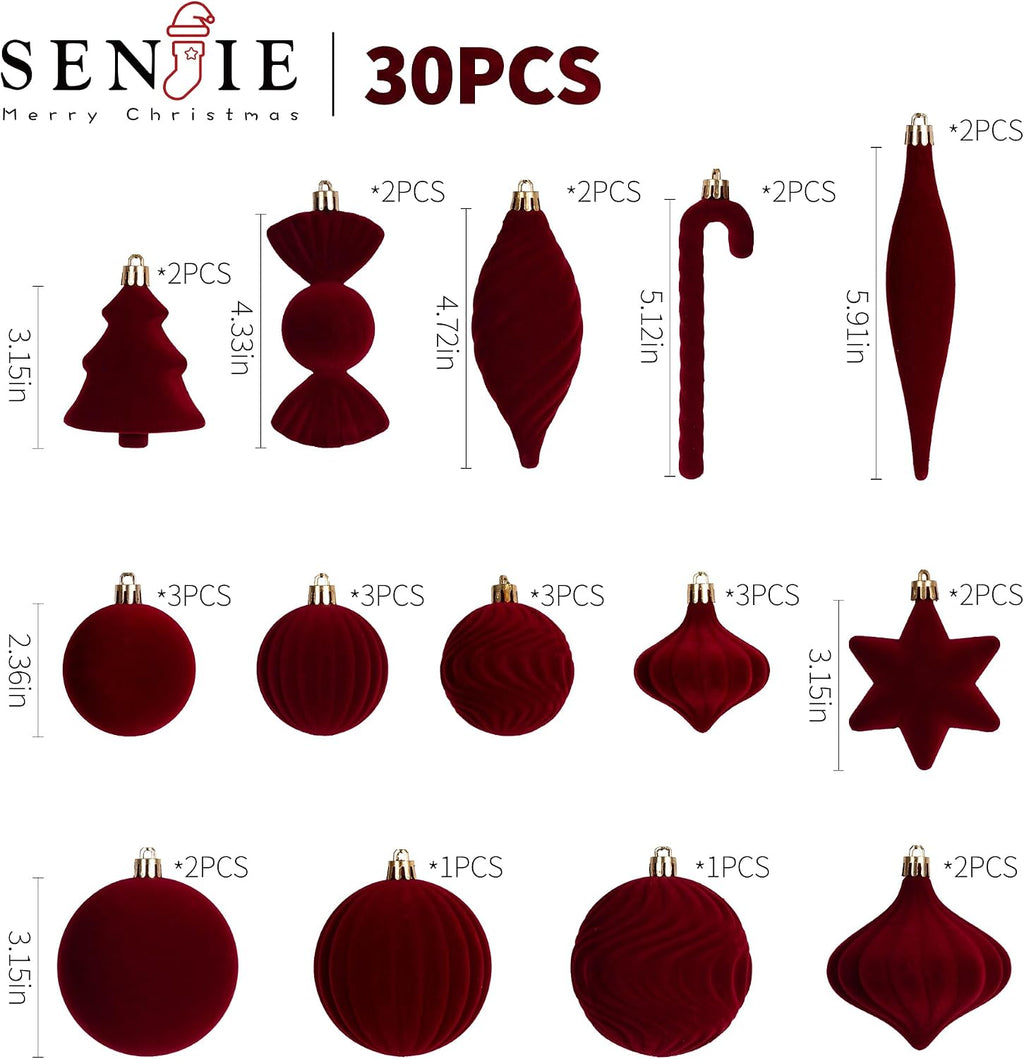 30PCS Red Velvet Christmas Ornaments Set,Burgundy Velvet Ornaments for Tree