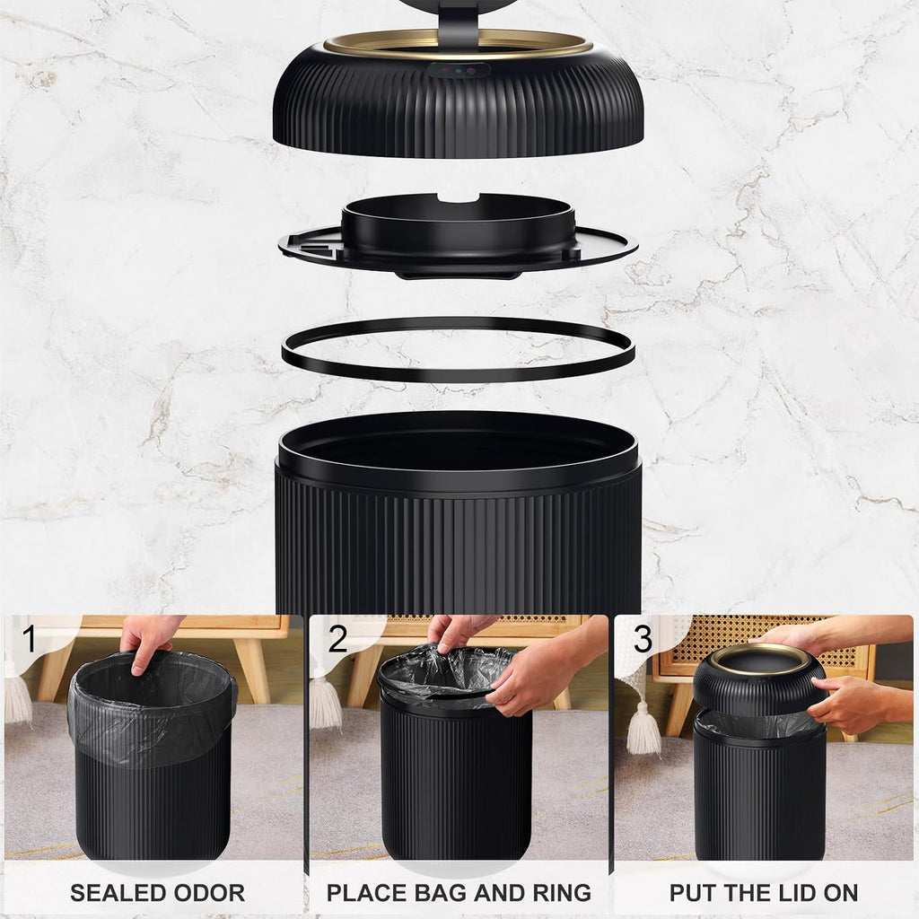 Motion Sensor Bathroom Trash Can with Lid,Black and Gold Garbage Can