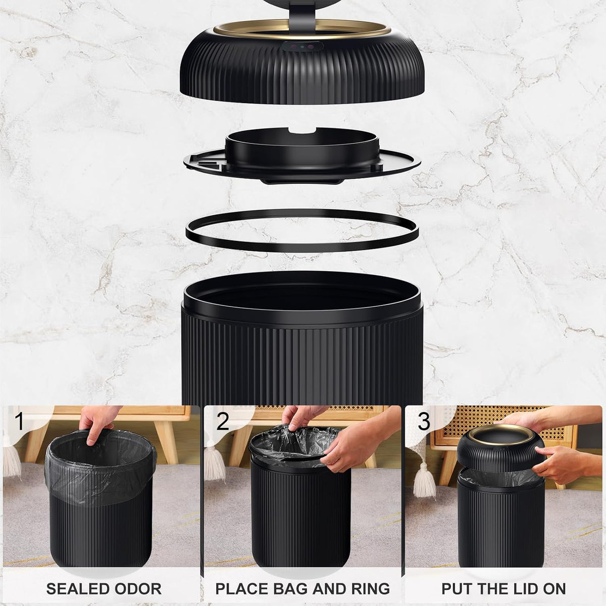 Motion Sensor Bathroom Trash Can with Lid,Black and Gold Garbage Can