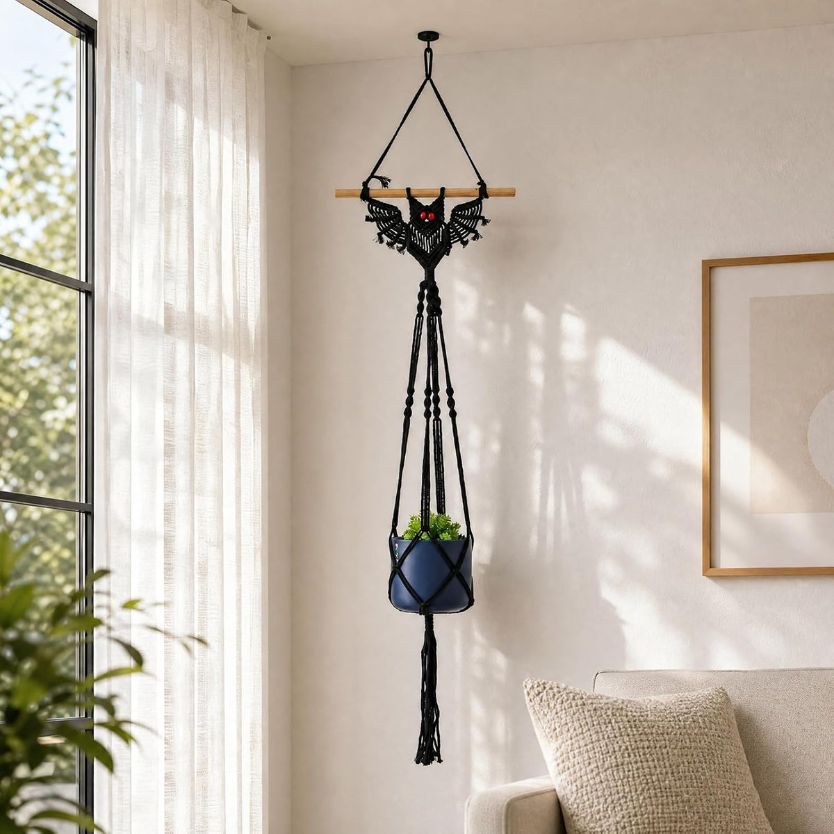 2-Pack Boho Bat Shape Gothic Plant Hanger, Macrame Handmade Pot Holder with Wooden Stick, Black Color Pot Holder for Indoor/Garden/Porch Decoration 40"X11.8" (No Pot & Plant Included)