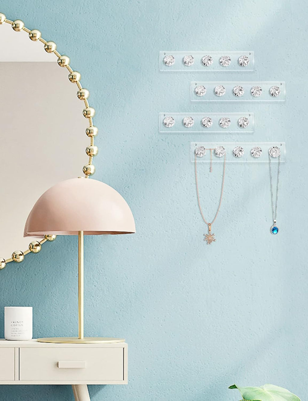 Zreal Necklace Hanger, Acrylic Necklace Holder Short with 5 Jewelry Hooks in Seashell Shape, Wall Mount Jewelry Hanger for Necklace, Bracelets, Chians (4-pack Clear)