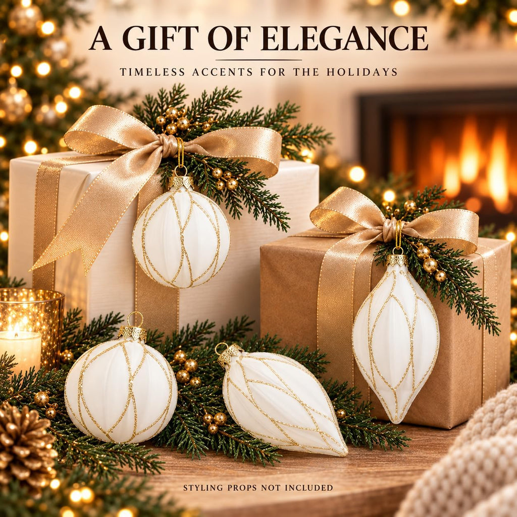 WDS WONDROUS Christmas Ornaments White and Gold Line, Glass Christmas Ball
