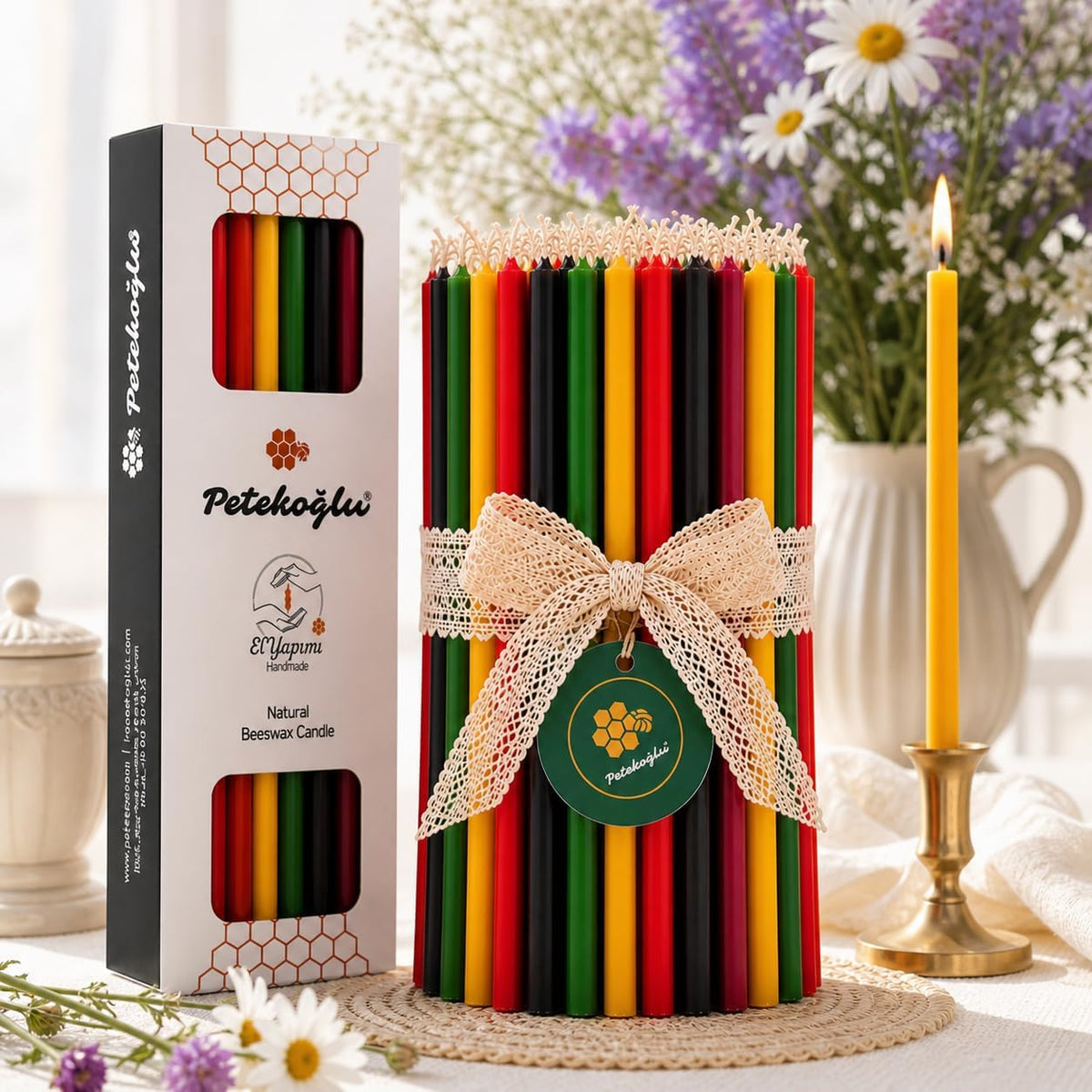 Petekoğlu 100% Natural Beeswax Candles (40 Pack) – Thin Taper Multi Color Set (20 cm) for Birthday, Church, Prayer, Christmas & Home Decor