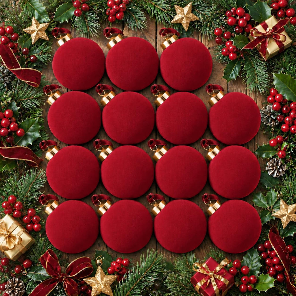 Velvet Christmas Balls Ornaments 15 Pcs, 3.15 Inch Burgundy Red Flocked Xmas Tree Ball Ornaments Shatterproof, Velvet Christmas Ornaments Set Bulk for Xmas Tree Holiday Wedding Party Decor