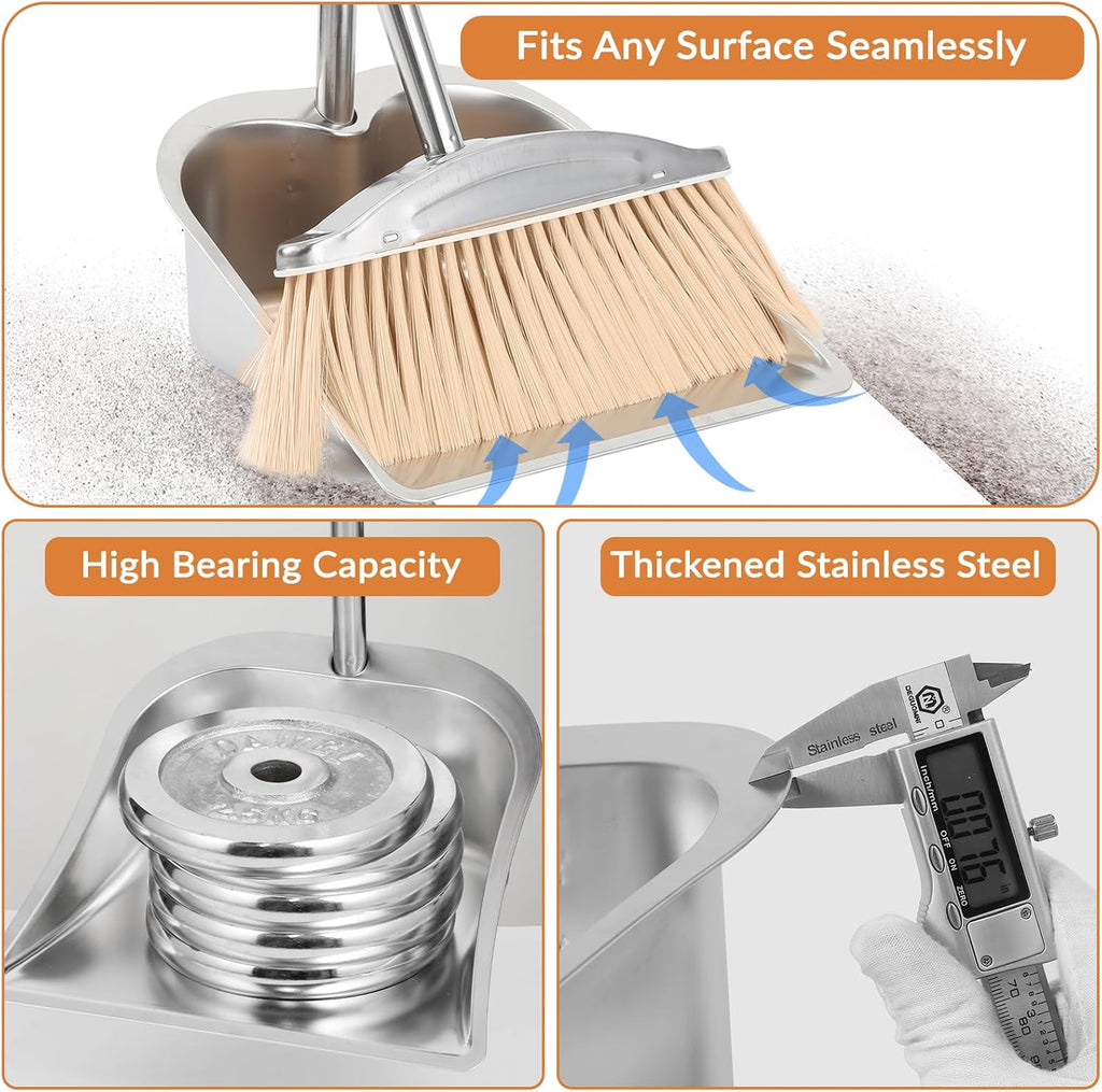 Broom with Dustpan Combo Set, 46" Stainless Steel Broom and Dustpan Set for Home, Heavy Duty Dust Pan with Long Handle, Broom for Sweeping Indoor and Outdoor, Kitchen Broom and Dust Pan (Khaki)