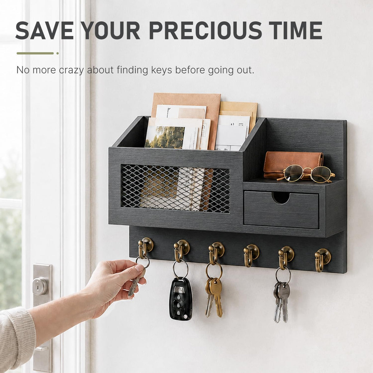 FifthQuarter Key Hooks for Wall with Drawer and 6 Sturdy Key Hooks, B-Black