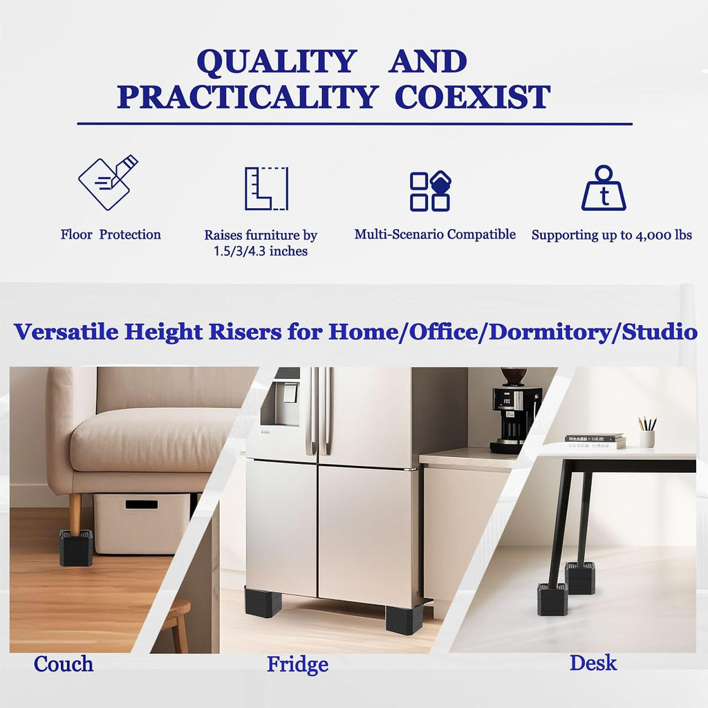 Bed Risers Heavy Duty, Adjustable Furniture Riser Blocks Lift 1.5, 3, 4.3 inches for Couch Table Desk Sofa Chair Legs, Refrigerator, Washing Machine - Support up to 4000 lbs (Black 6 Pack, 1.5 inch)