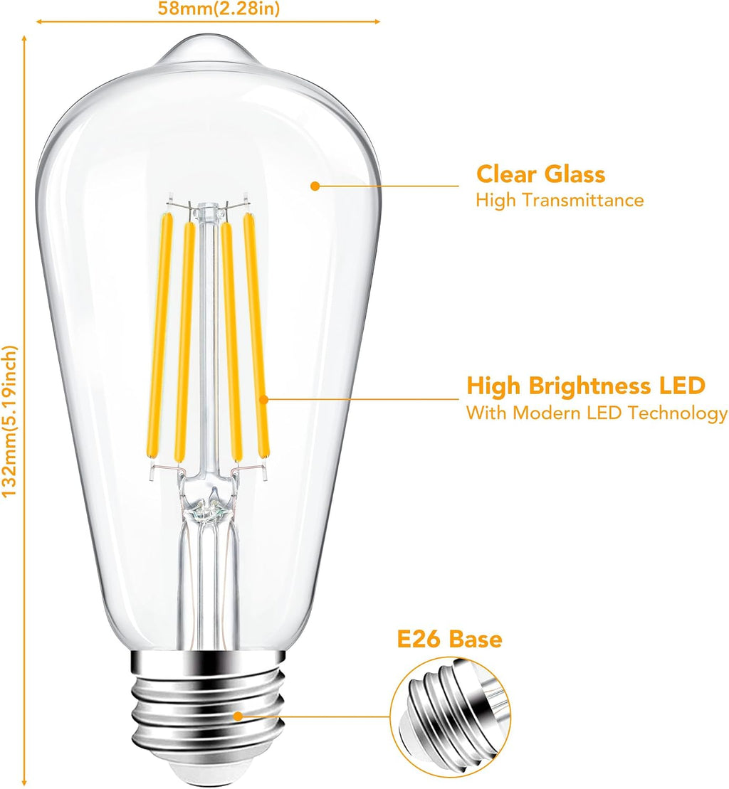 PARTPHONER ST58 E26 LED Light Bulbs, 6W Dimmable Amber Warm 2200K 4 Pack