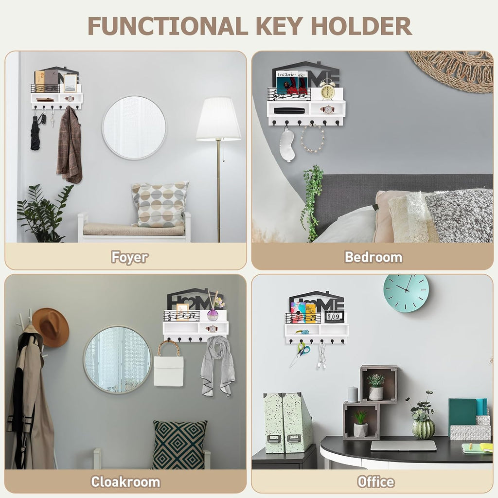 VIS'V Key Holder Wall Mount, Decorative Wood Mail and Key Organizer, White