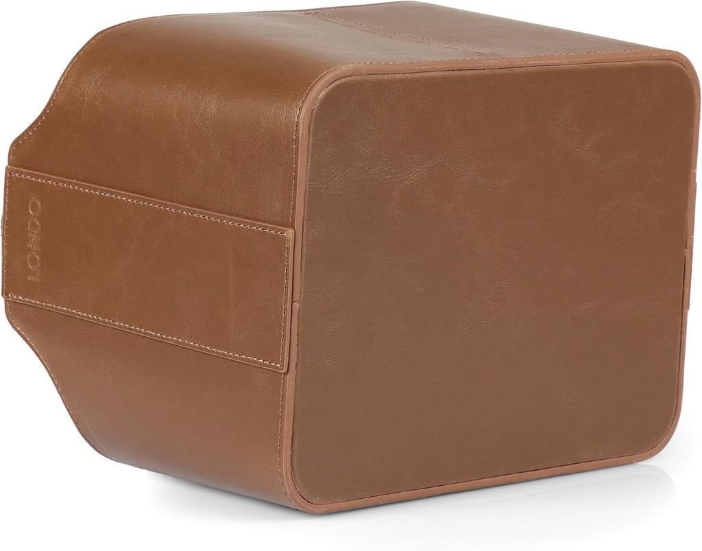Londo PU Vegan Leather Desk Organizer Cube with Tablet Slot, Nightstand Caddy & Couch Organizer — 4 Remote Pockets + iPad/Kindle Slot, Makeup Brush Holder, Suede Lined, 8 x 6.1 x 6.1 in, Light Brown