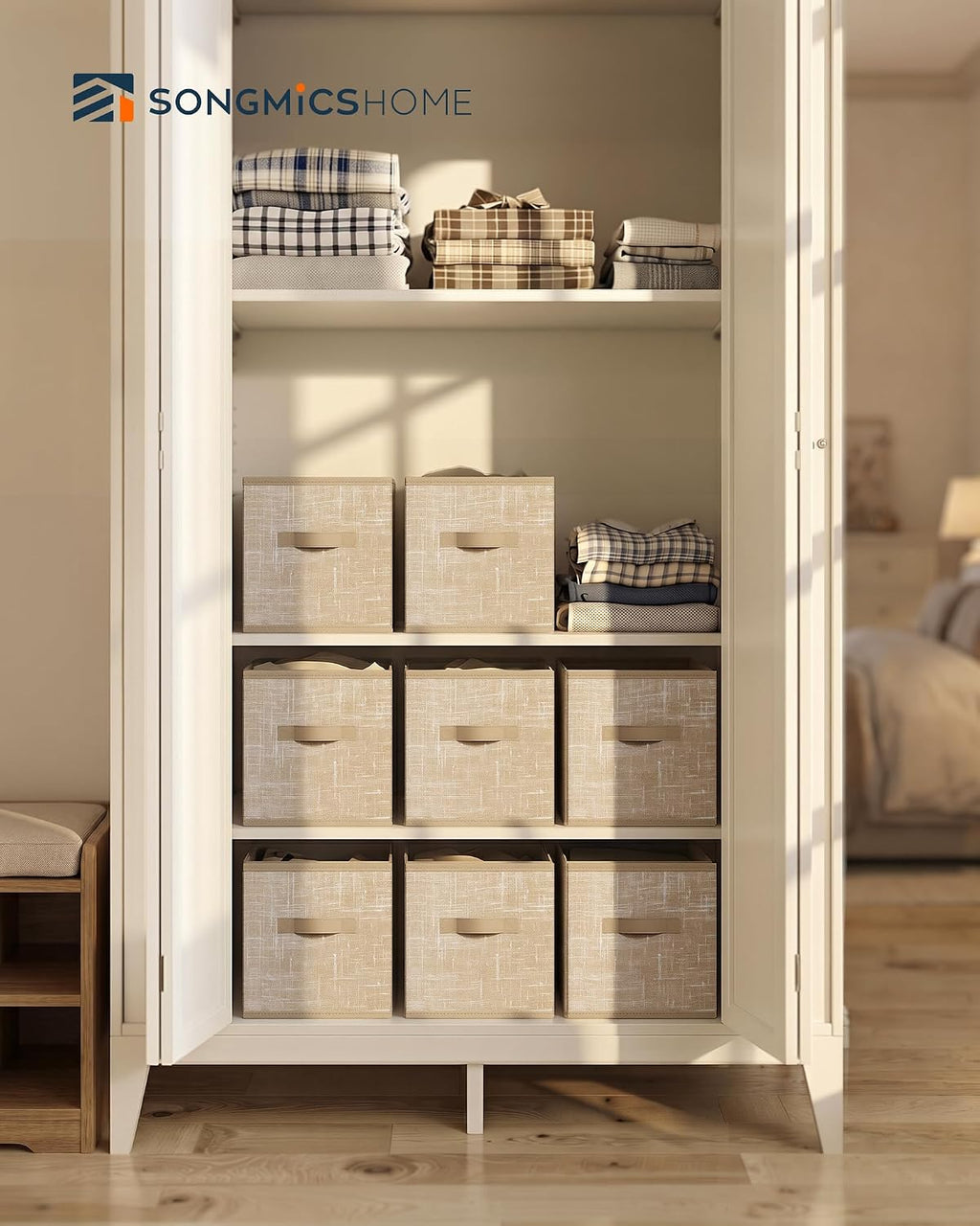 SONGMICS HOME Foldable Storage Cubes Set of 8, Fabric Shelf Organizer Bins with Handles, Closet Storage Boxes for Clothes, 10.4 x 10.4 x 11.2 Inches, Beige
