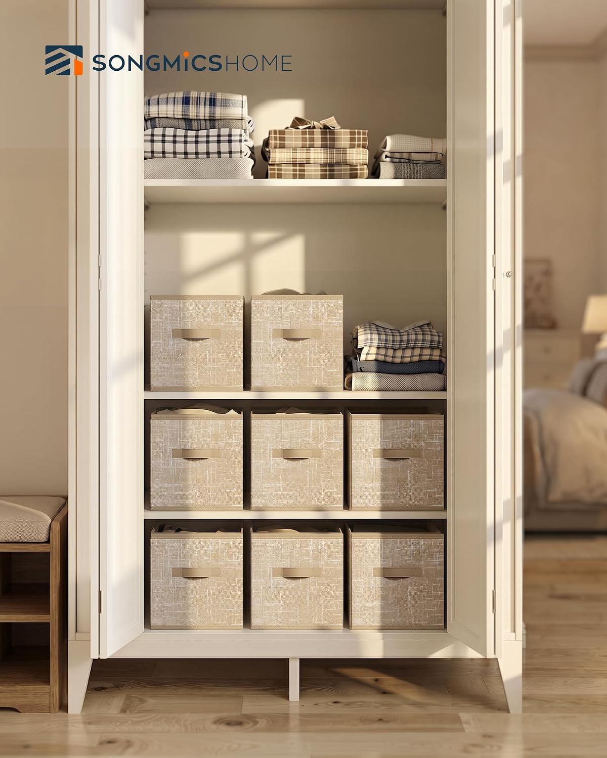 SONGMICS HOME Foldable Storage Cubes Set of 8, Fabric Shelf Organizer Bins with Handles, Closet Storage Boxes for Clothes, 10.4 x 10.4 x 11.2 Inches, Beige