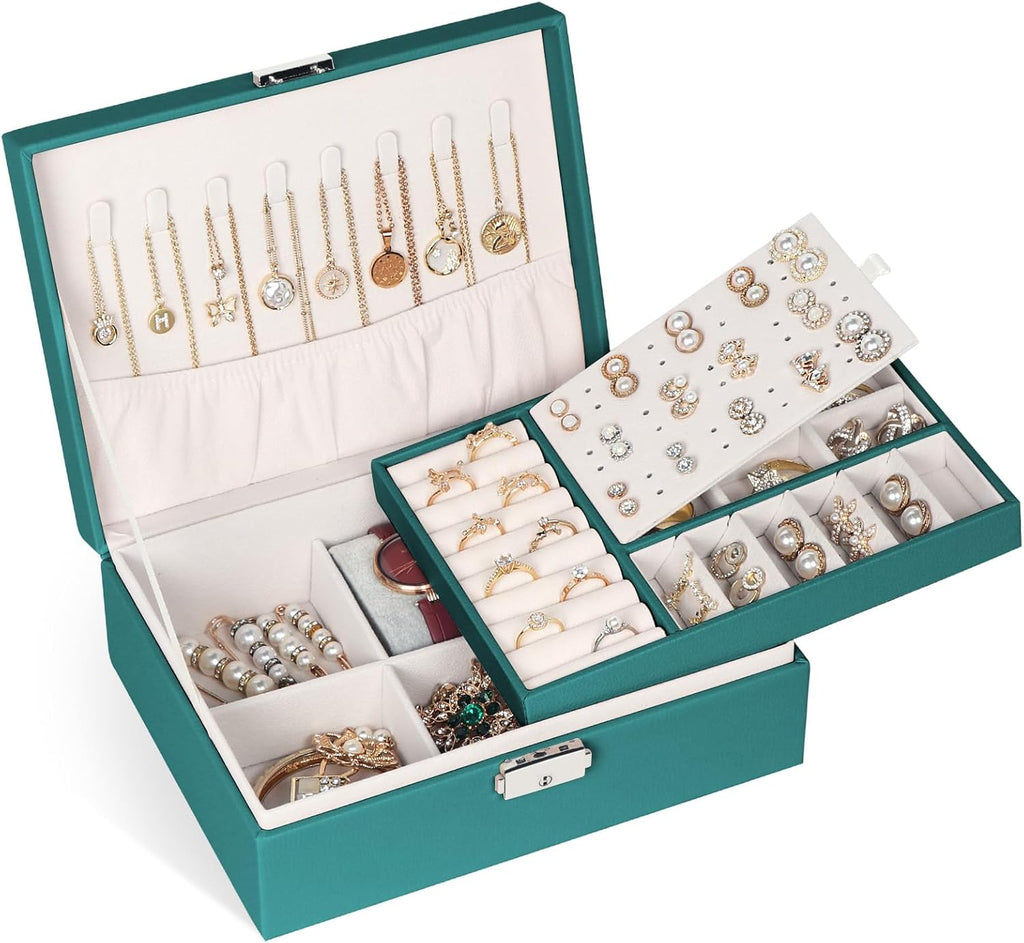 Jewelry Box for Women Girls, 2 Layers Jewelry Organizer Container with Lock, PU Leather Storage Case with Removable Tray, Jewelry Display Box for Necklaces Earrings Bracelets Rings Watches (Green)