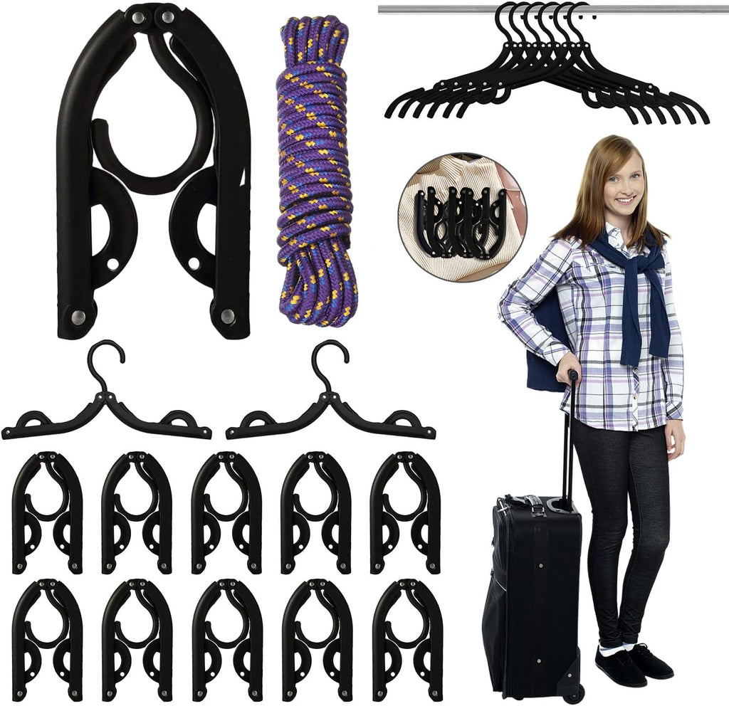 24 Pcs Black Travel Hangers Foldable for Suitcase, Portable Folding Clothes Hangers with Clothesline Travel Accessories, Cruise Ship Essentials Portable Foldable Hangers Drying Rack