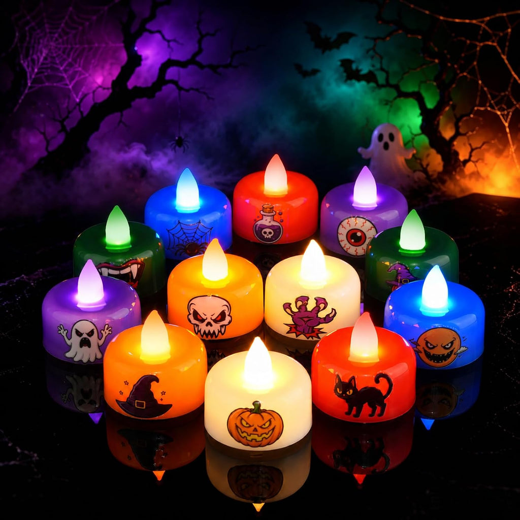 Amagic 24Pack Halloween Multicolor LED Tea Lights Candles with DIY Stickers