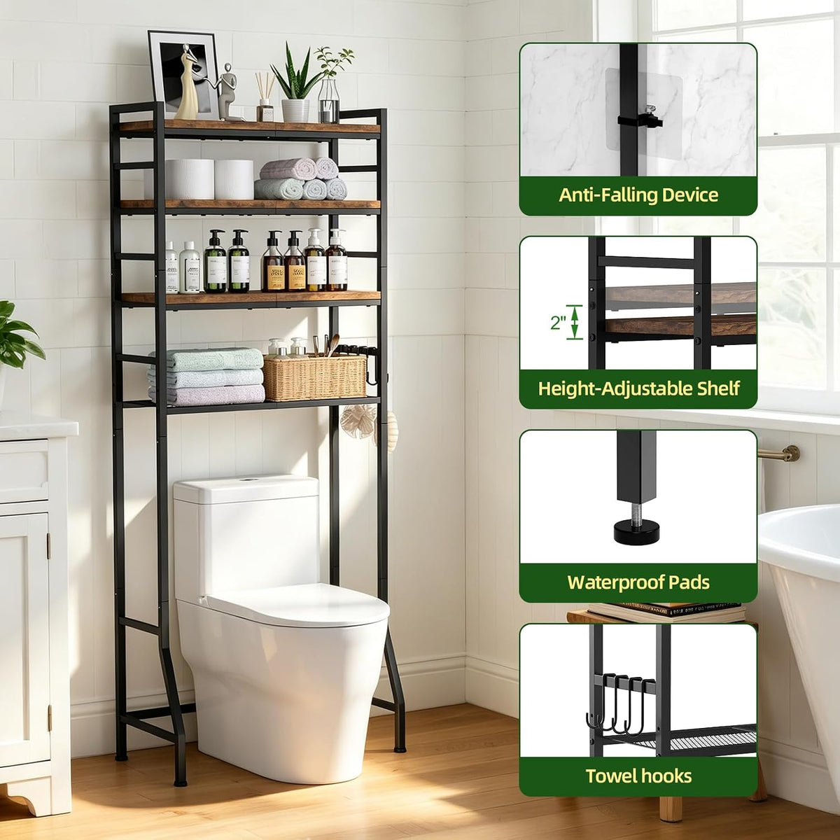 Over The Toilet Storage Rack,4-Tier Over Toilet Bathroom Organizer with Adjustable Wooden Shelves,Freestanding Space Saver Bathroom Cabinet Shelves Over Toilet,Over Toilet Storage, Vintage Brown