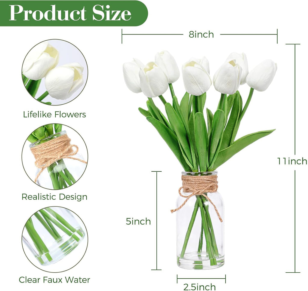 8Pcs White Tulips Artificial Flowers in Vase with Faux Water, Faux Tulips for Kitchen, Bathroom,Table, Desk, Centerpieces, Fake Flowers for Farmhouse Wedding Wall Room Decor（1 Pack）