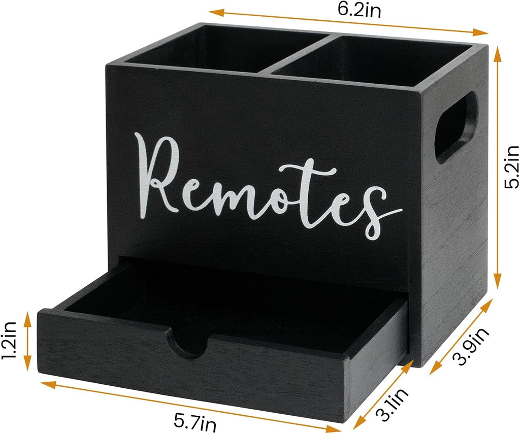 Remote Control Holder, Wooden TV Controller Holder, Desk Organizer with 2 Compartment and Drawers for TV & Office Supplies, Ideal for Tabletop (Black)