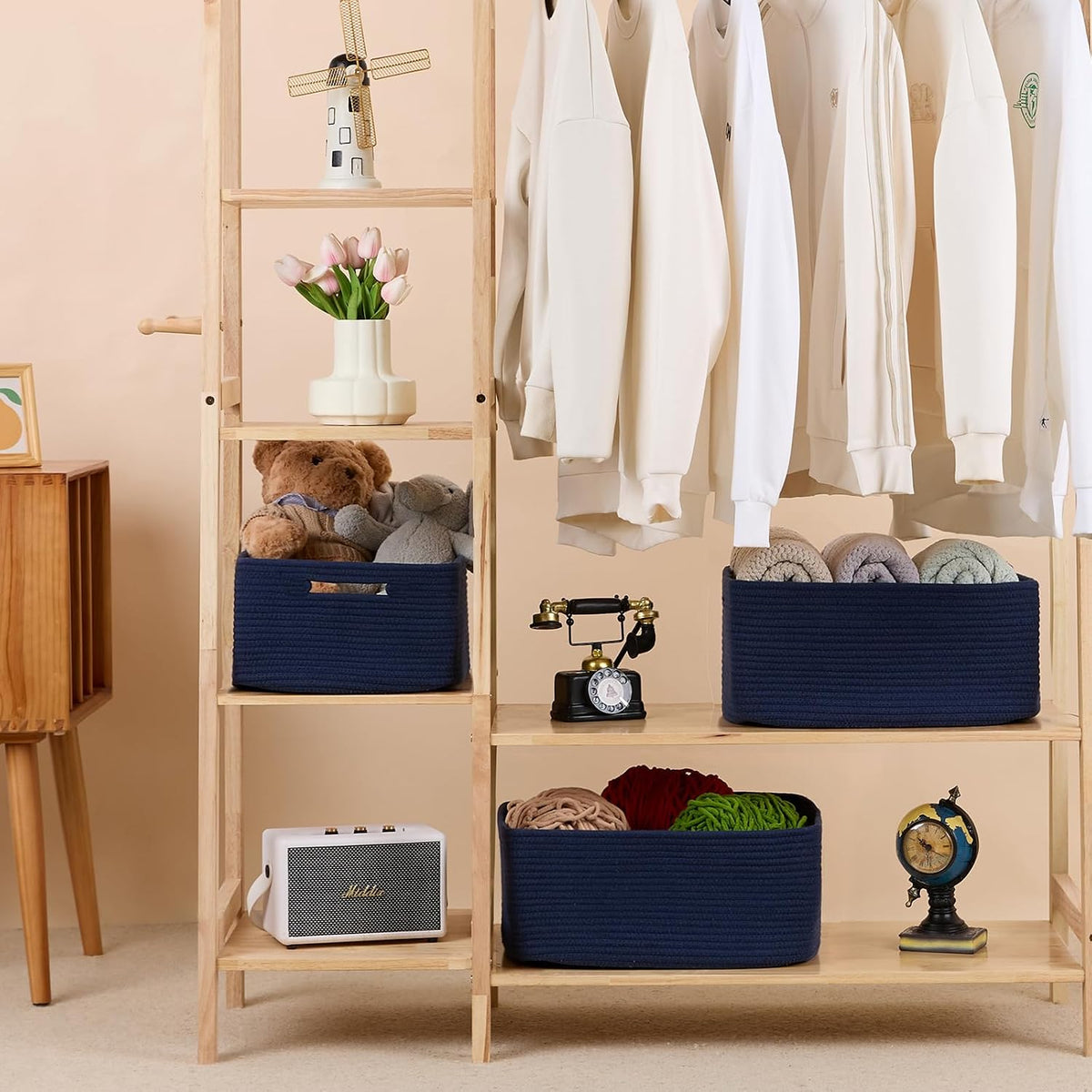 MiniArk Large Storage Baskets for Shelves, 17 x 13 x 7.5” Closet Organizers Bins for Clothes Blanket Towels, Baby Nursery, Toy Baskets Box, Woven Rope Baskets, 2 Packs Navy Blue