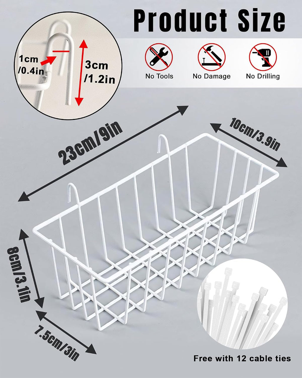 White Wall Grid Panel Hanging Wire Basket, 6 Pack