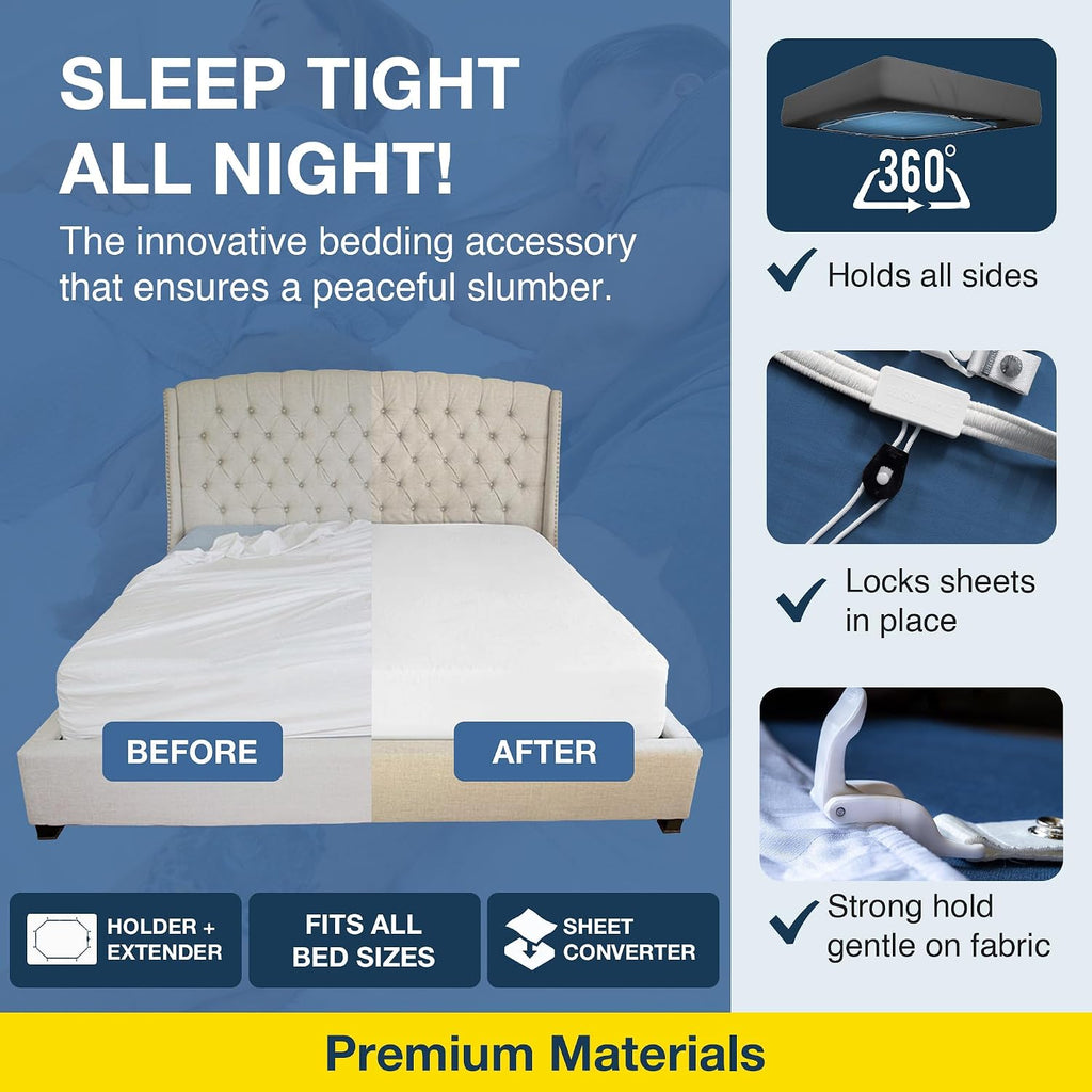 BED SCRUNCHIE Sheet Holder Straps - Heavy Duty Gripper Clips - Strengthened Parachute Cord - 360 Degree Bed Sheet Tightener - Strongest and Effective Extender - Fits All Mattress Sizes