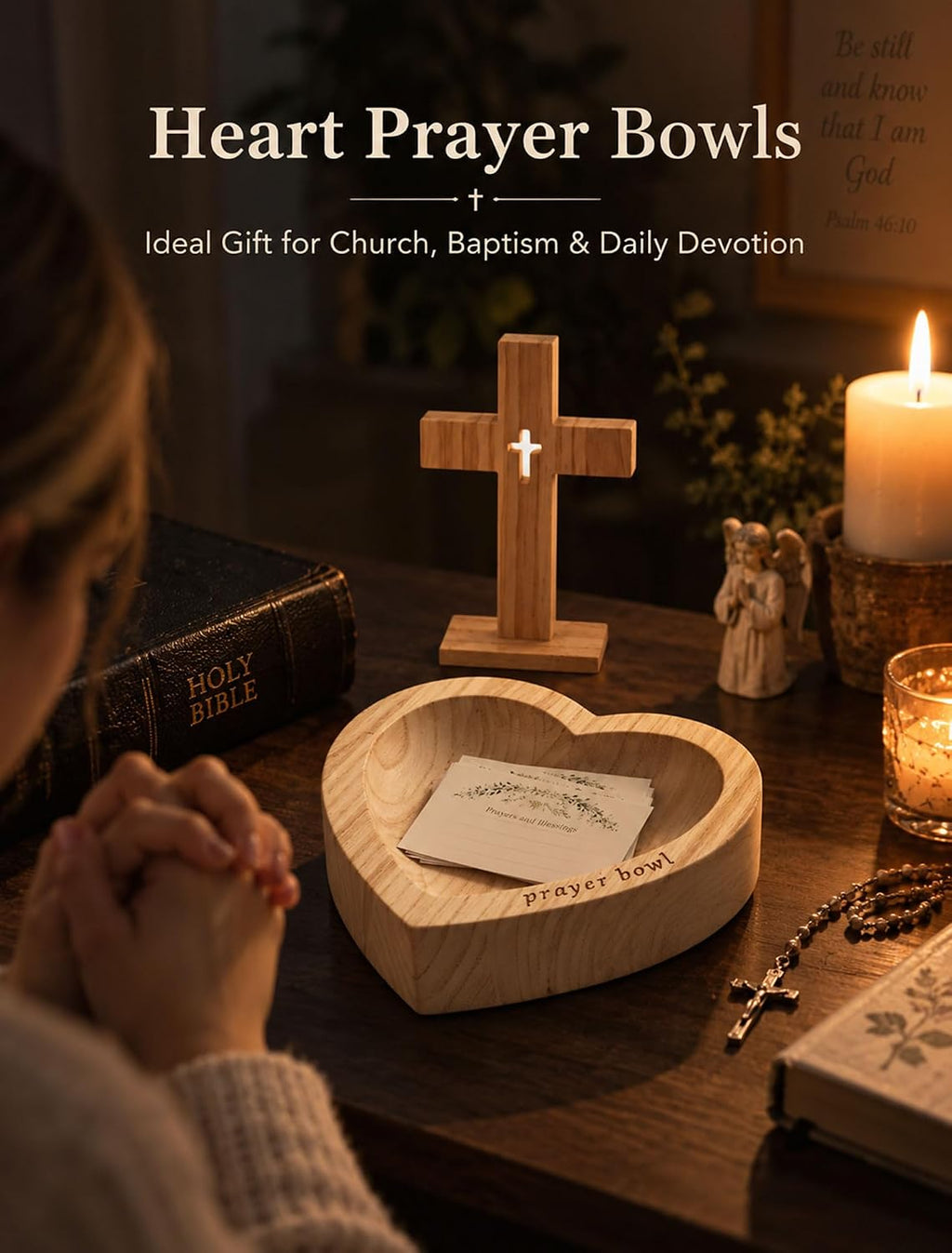 Hanobe Wooden Heart-Shaped Prayer Bowl with Cross Engraved & 25 Cards Sets