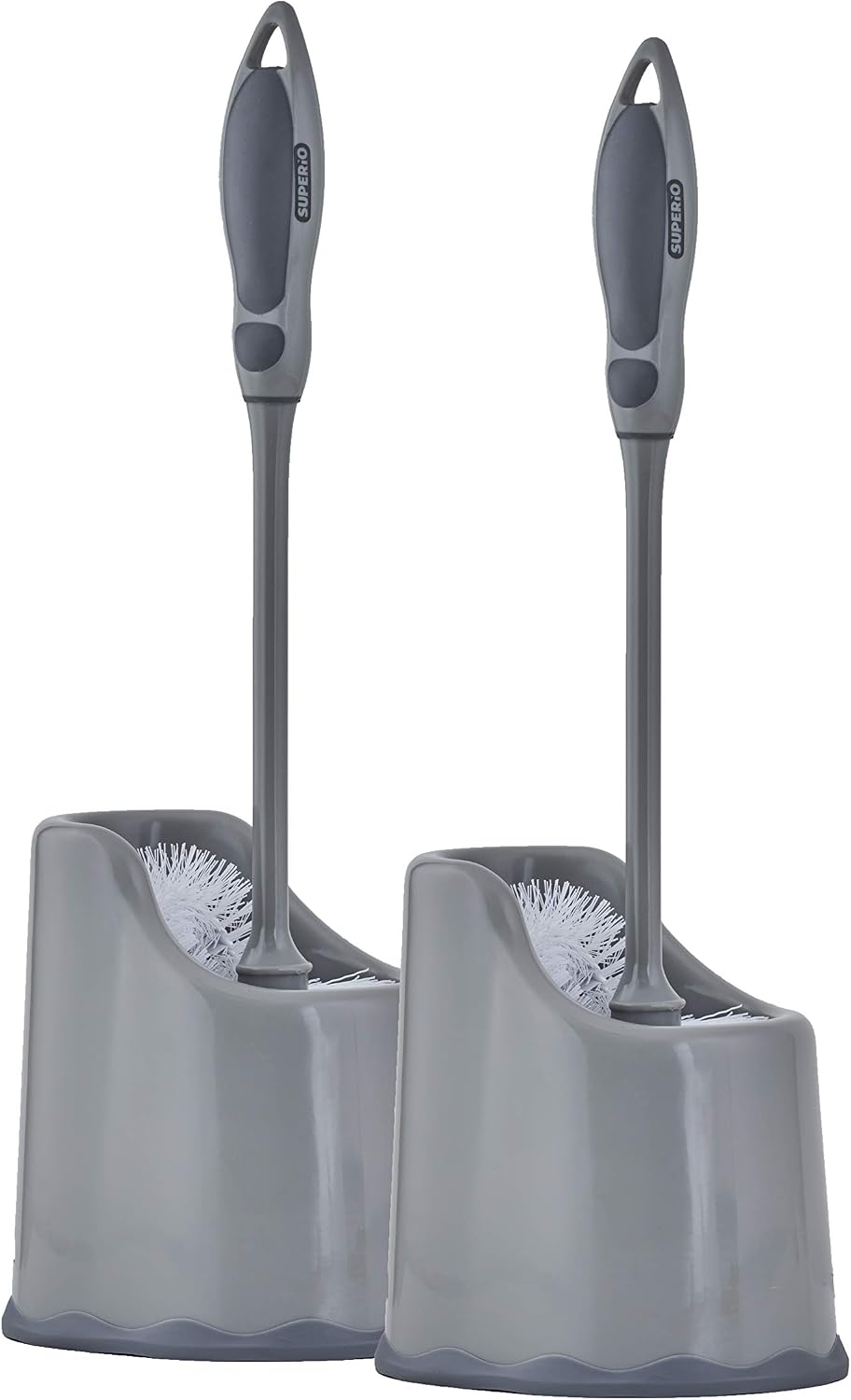 Superio Toilet Bowl Brush and Holder with Under Rim Cleaner for Bathroom, Toilet Brush and Caddy with Non Scratch Bristles and Under Rim Lip Brush, Grey (2 Pack)