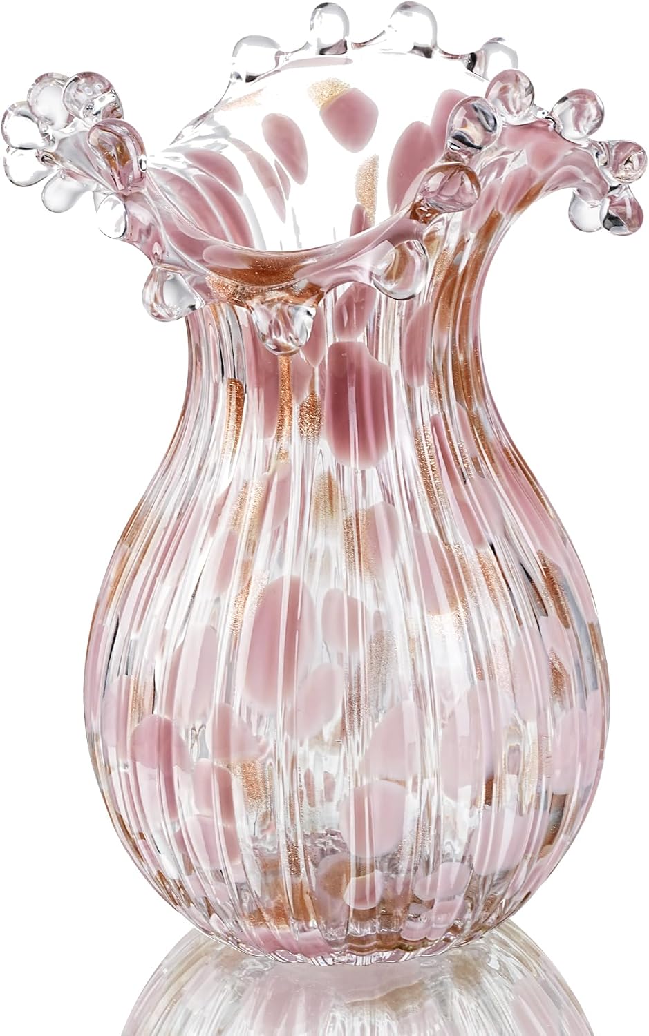 QFkris Hand Blown Glass Vase, Modern Art Flower Vase with Pink Petal Decor