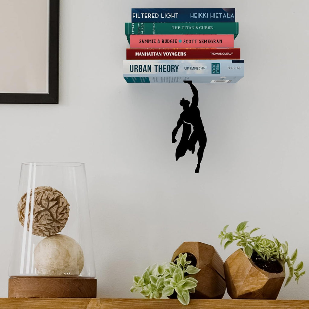 Artori Design Superhero Bookends & Floating Shelf Bundle – Hidden Metal Bookends & Invisible Wall Shelf – Heavy-Duty, Decorative Bookshelf Organizer for Comic Book Lovers, Kids, Teens & Adults