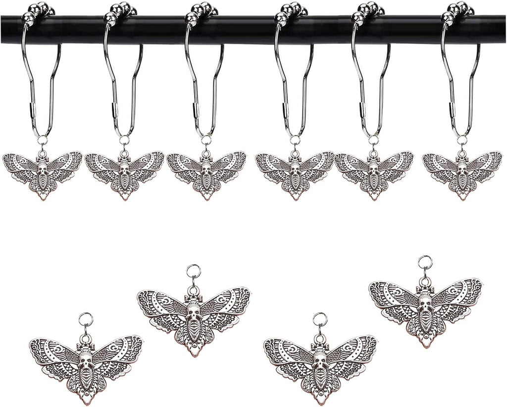 Skull Death's-Head Hawkmoth Shower Curtain Hooks Rings,12Pcs Dead Moth with Skull Face Halloween Rustproof Metal Shower Rings,Gothic Style Insect Theme Home Bathroom Decor