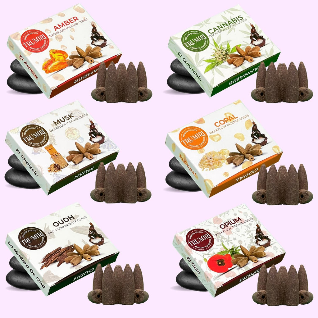 Exotic - Backflow Incense Cones for Waterfall - Scented Inscents-Cones - Copal, Amber, Musk, Oud - Insiensos Aromaticos - 6x10=60 Large Variety Pack