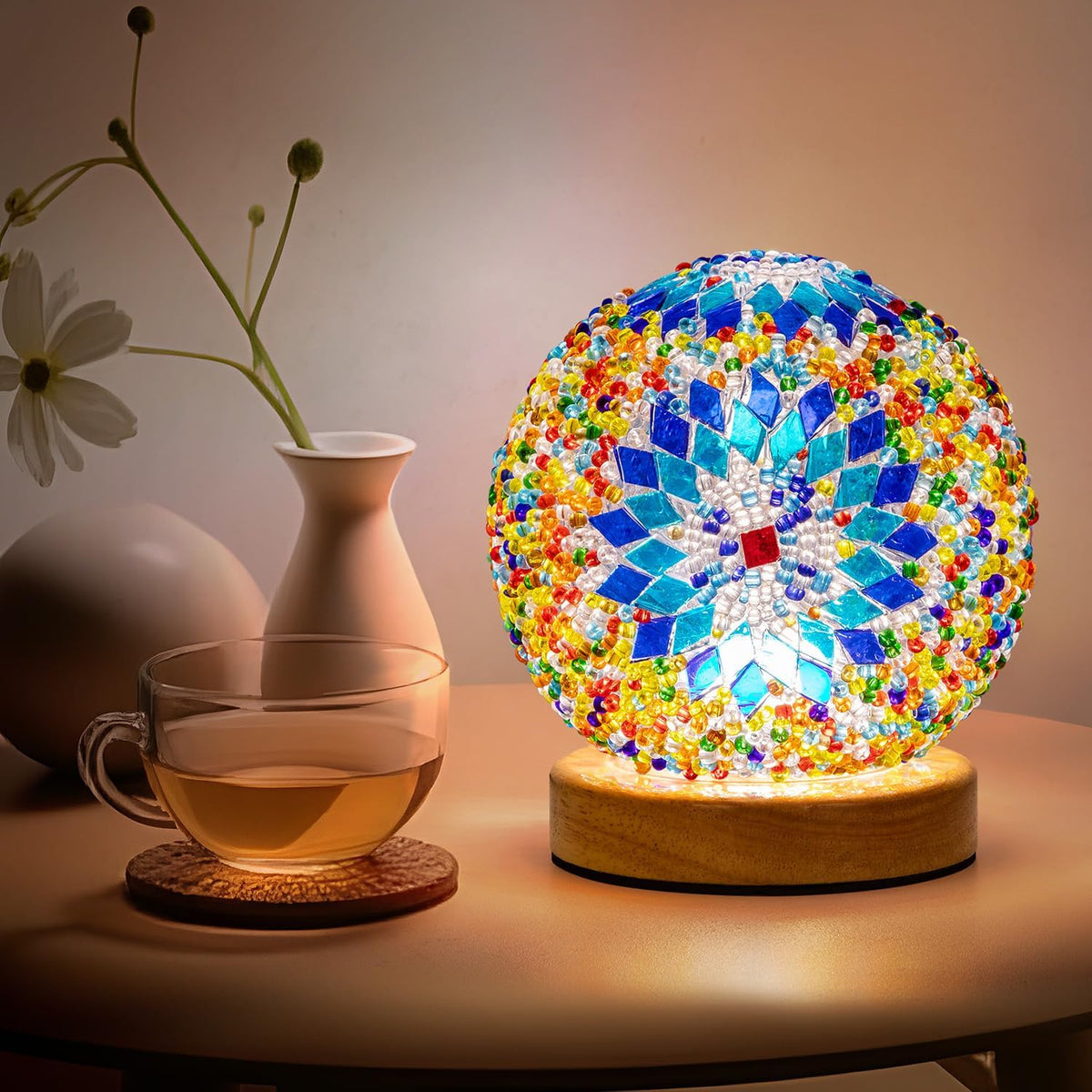 Turkish Mosaic Lamp, 3 Color Temperature Tiffany Bedside Lamp with USB Power, Moroccan Glass Lantern Table Lamp for Living Room Decor, Simple Control (D:4.7" x H:5.2") (Blue1)