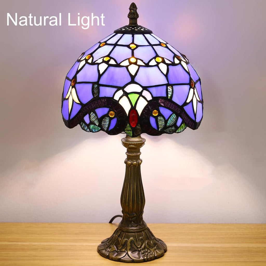 Tiffany Style Table Lamp, Blue Baroque Style Stained Glass Lamp, 8 Inch Small Antique Lamp, for Bedside Nightstand Bedroom Living Room Home Office, Include LED Bulb