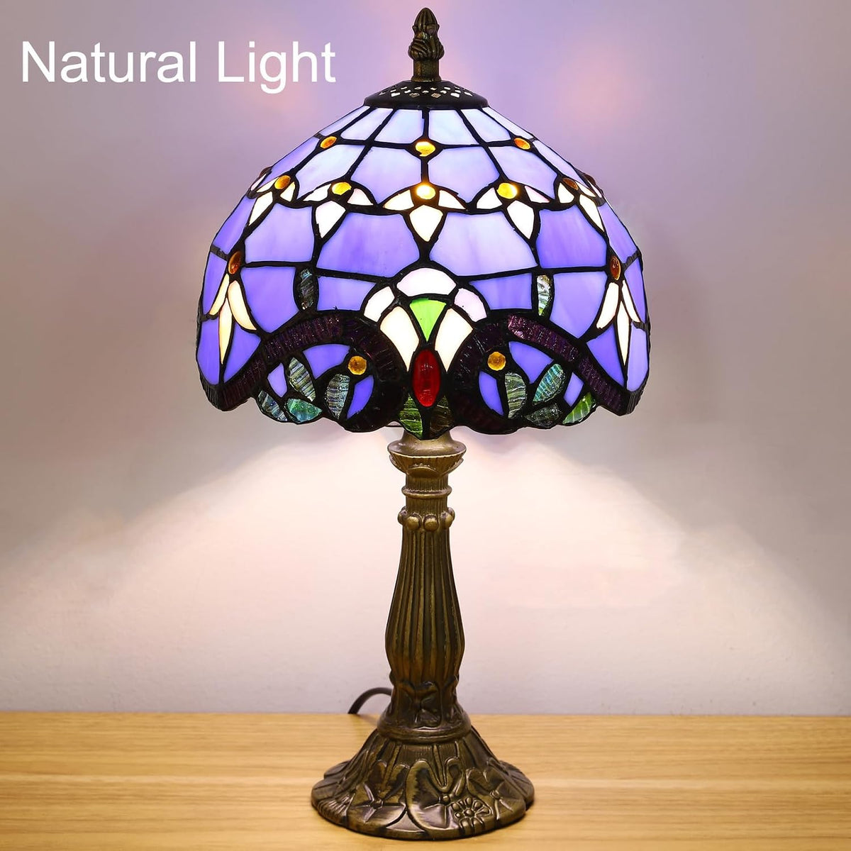 Tiffany Style Table Lamp, Blue Baroque Style Stained Glass Lamp, 8 Inch Small Antique Lamp, for Bedside Nightstand Bedroom Living Room Home Office, Include LED Bulb