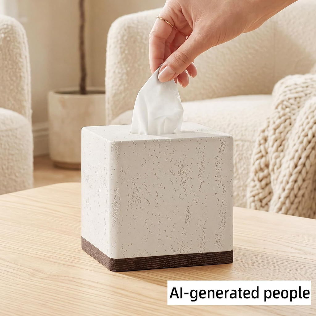 Tissue Box Cover Square, Modern Facial Tissue Holder, Off White Wooden