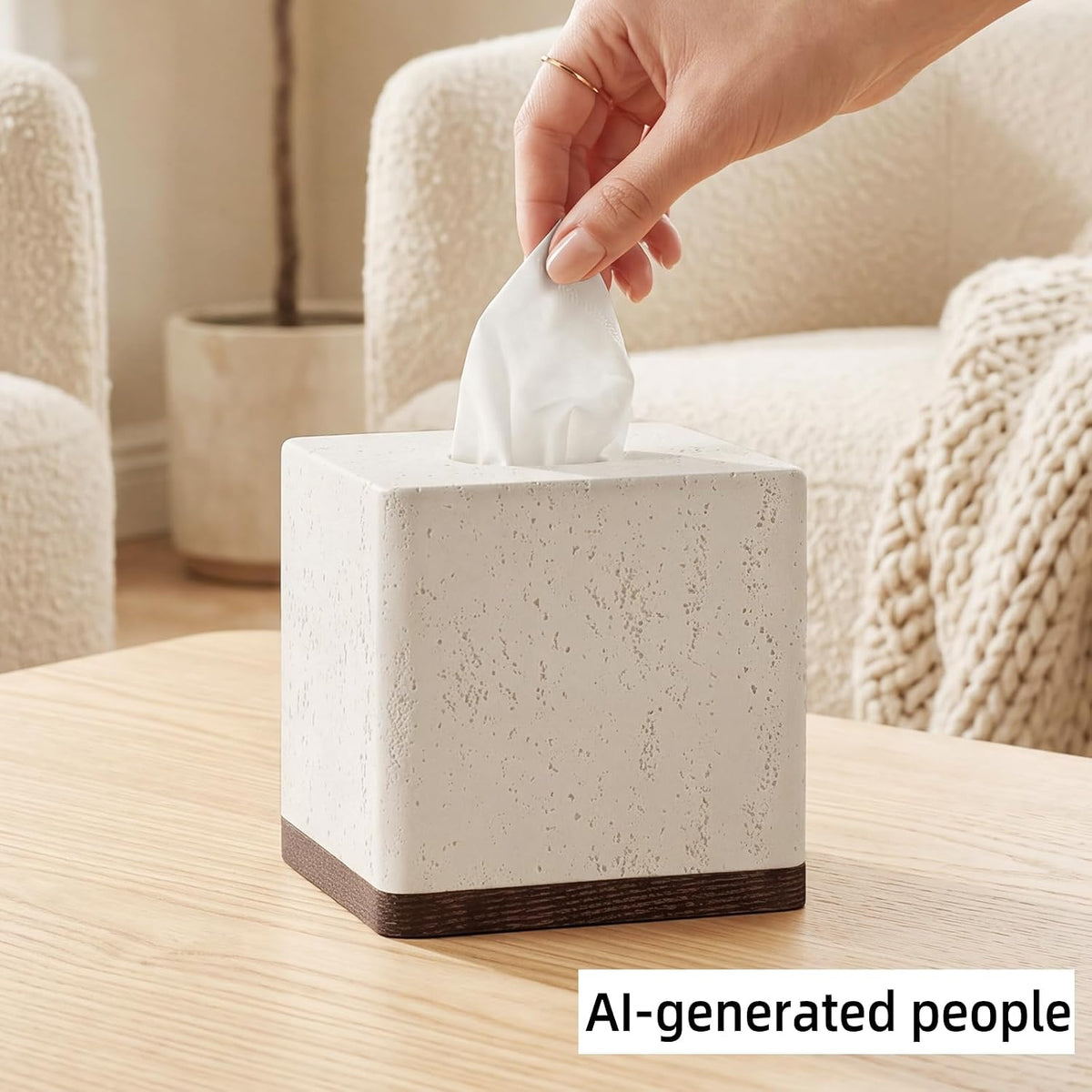Tissue Box Cover Square, Modern Facial Tissue Holder, Off White Wooden