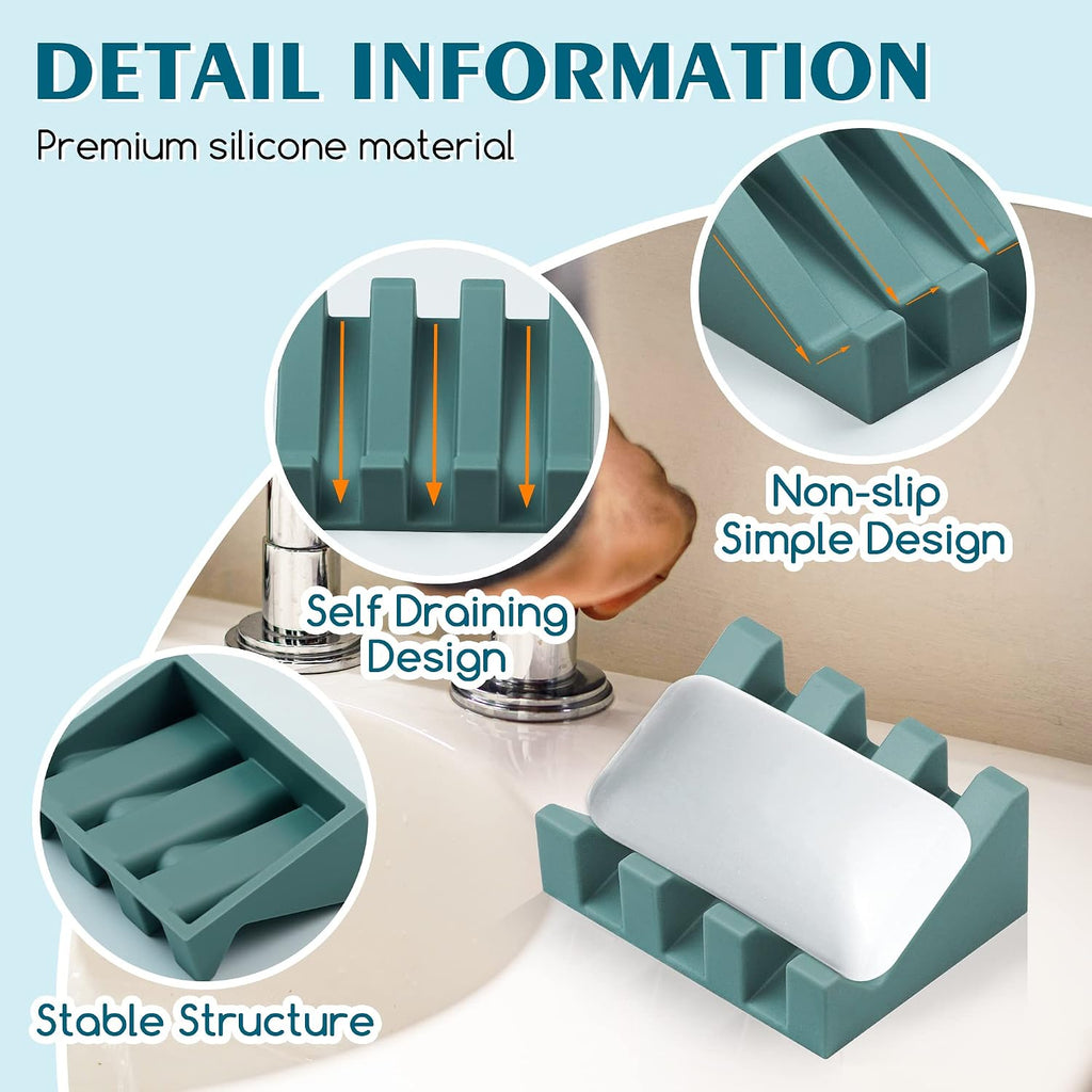 Silicone Soap Dish Self Draining for Shower & Kitchen (Green, 2 Pack)