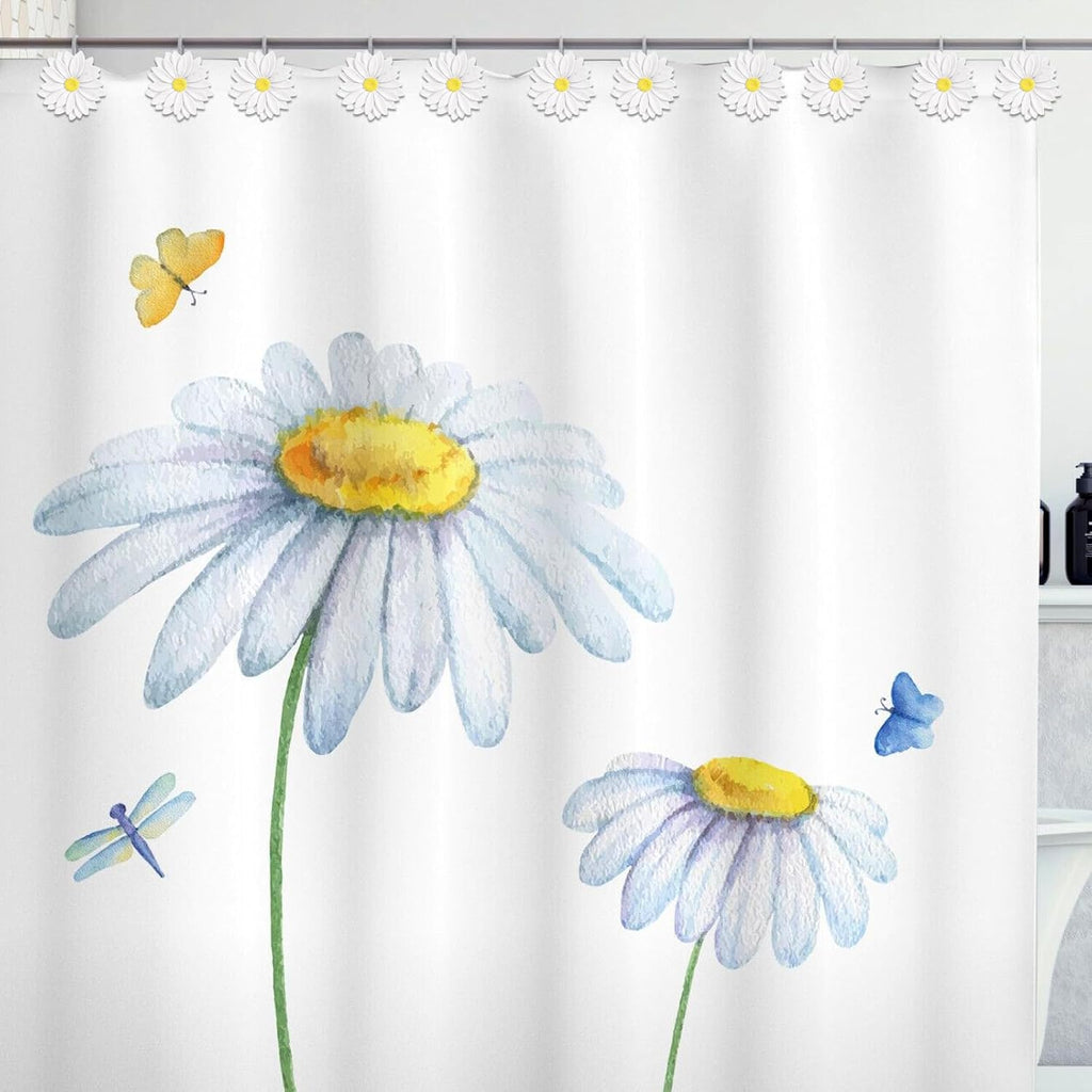 12-Piece White Flowers Daisy Floral Shower Curtain Hooks for Bathroom
