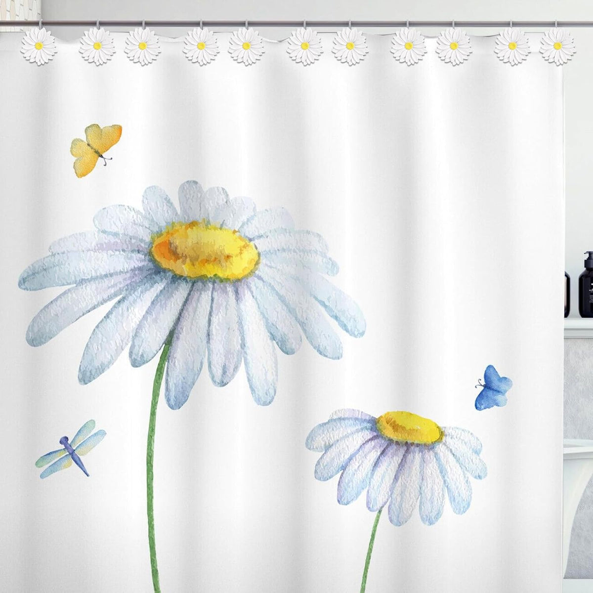 12-Piece White Flowers Daisy Floral Shower Curtain Hooks for Bathroom