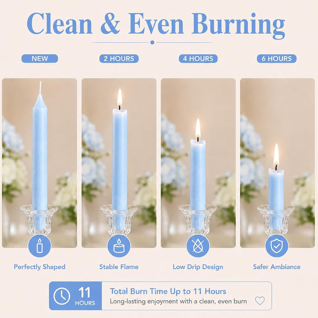 11-Hour Long Burning Ice Flower Taper Candles - 6 Pack 10 Inch Unscented Palm Wax Candlesticks - Natural Crystalline Texture, Smokeless & Dripless for Wedding, Dinner, Vigil, Blue
