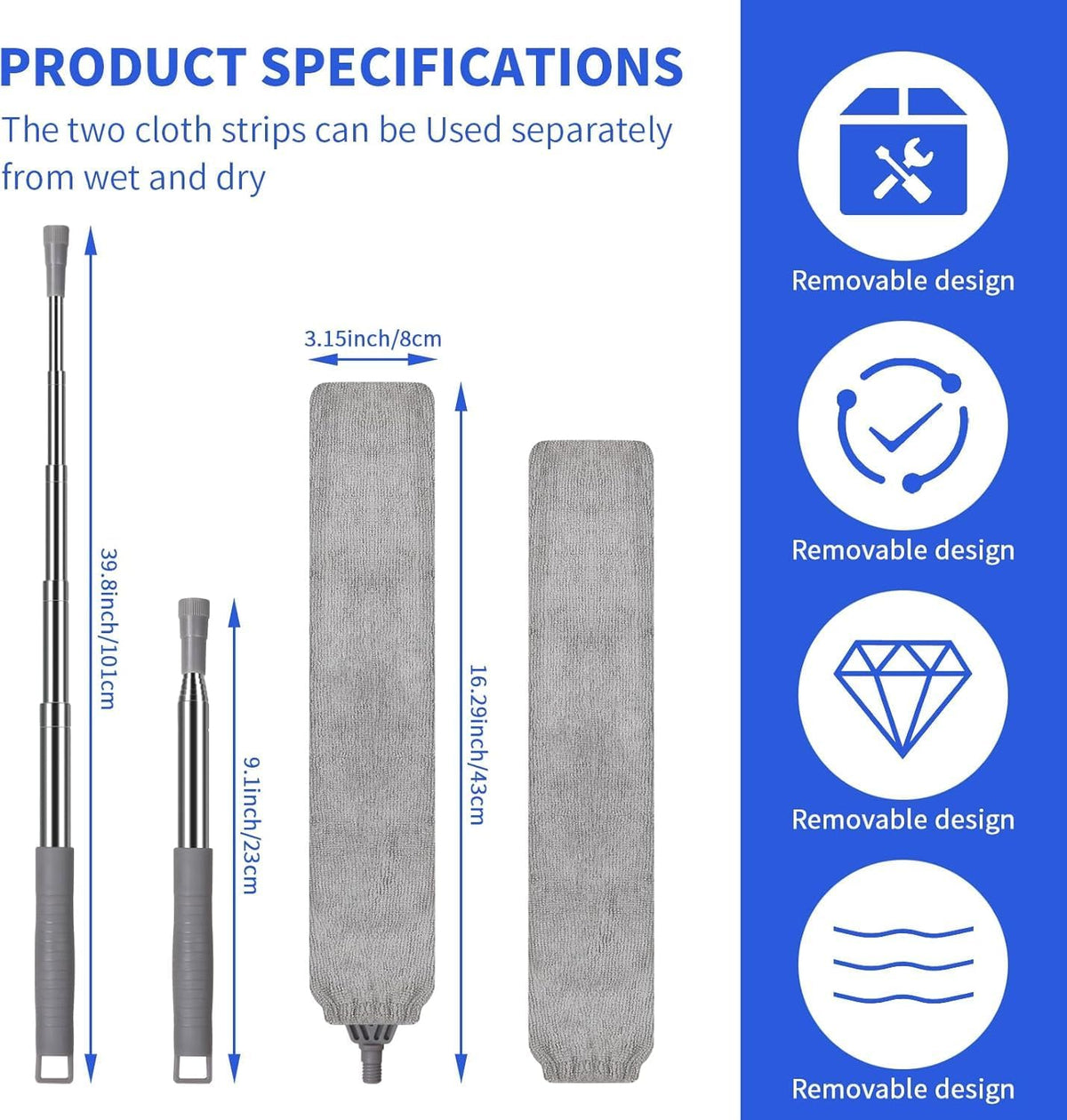 Retractable Gap Dust Cleaner, Extendable Gap Duster with 4 Microfiber Dusting Cloths Long, Under Appliances Cleaning Tools with Extendable Pole,Under Refrigerator, Furniture, High Ceiling
