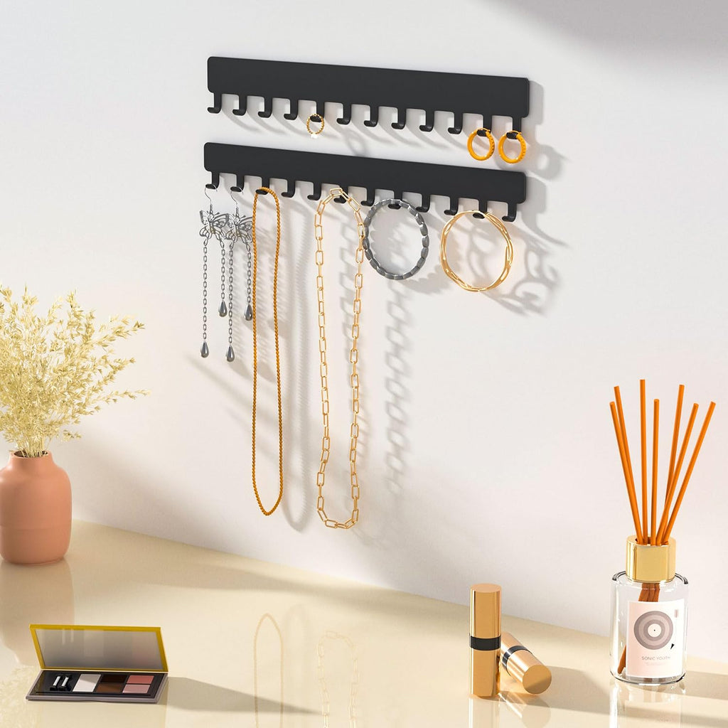 Necklace Holder Wall Mounted,Self Adhesive Jewelry Organizer,2 Pack,Black