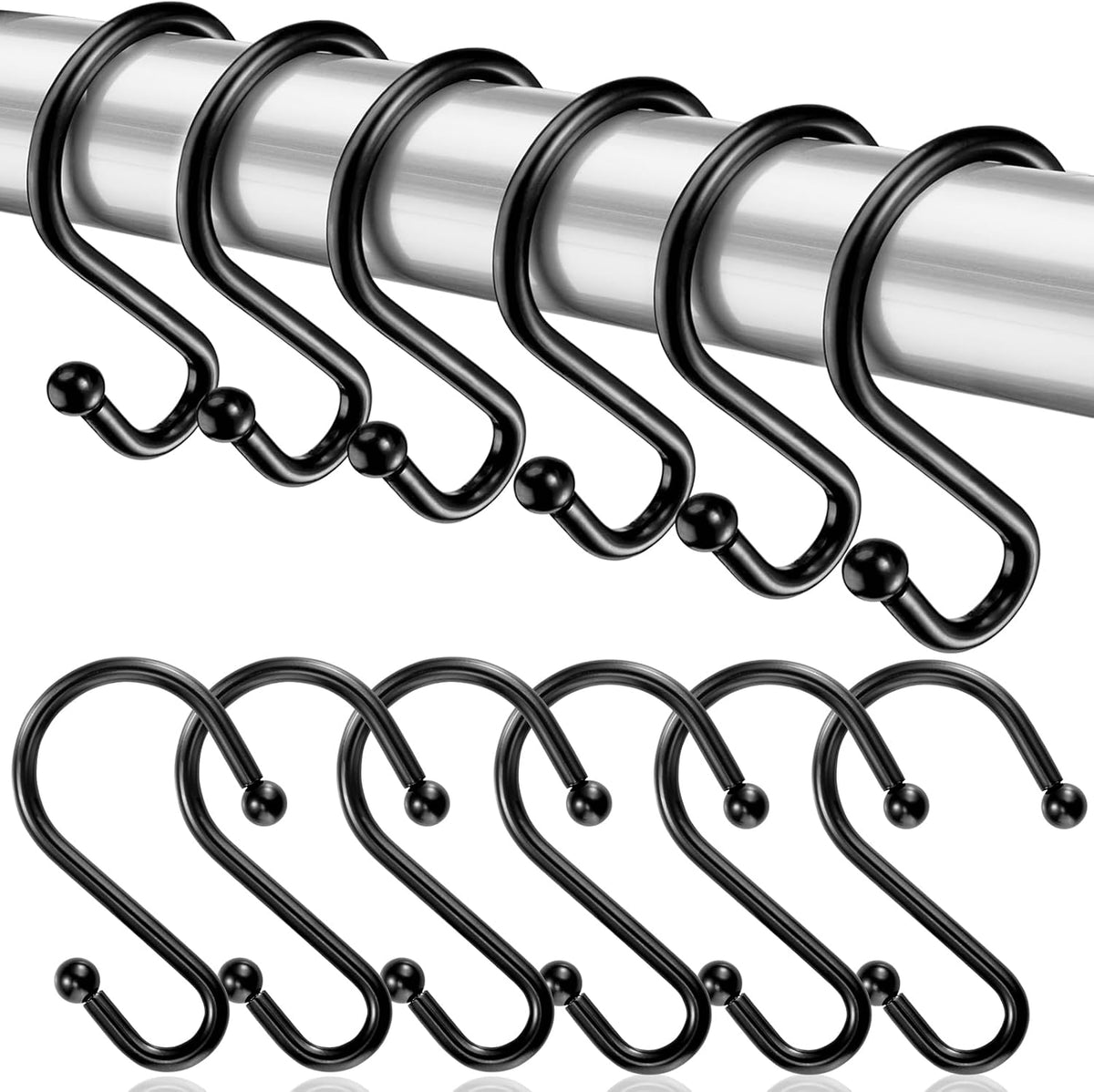 Shower Curtain Hooks, Metal Shower Hooks for Shower Curtain Rod, Rust Proof Metal Shower Curtain Rings, Decorative S Shower Hook (Black)