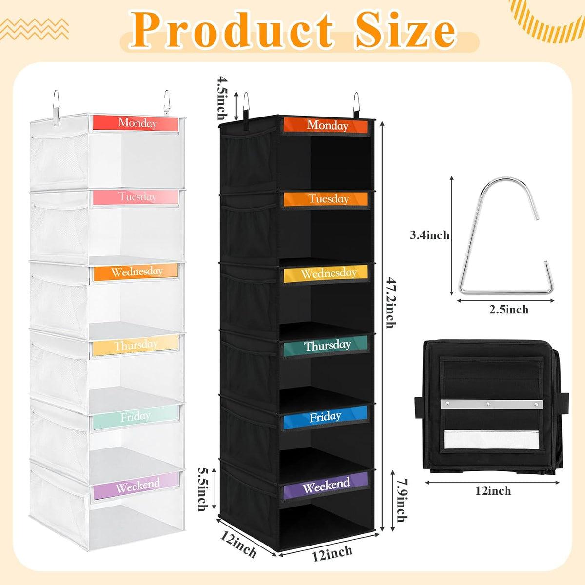 Amylove 2 Pcs 6 Shelf Hanging Weekly Clothes Organizer for Kid,Black,White