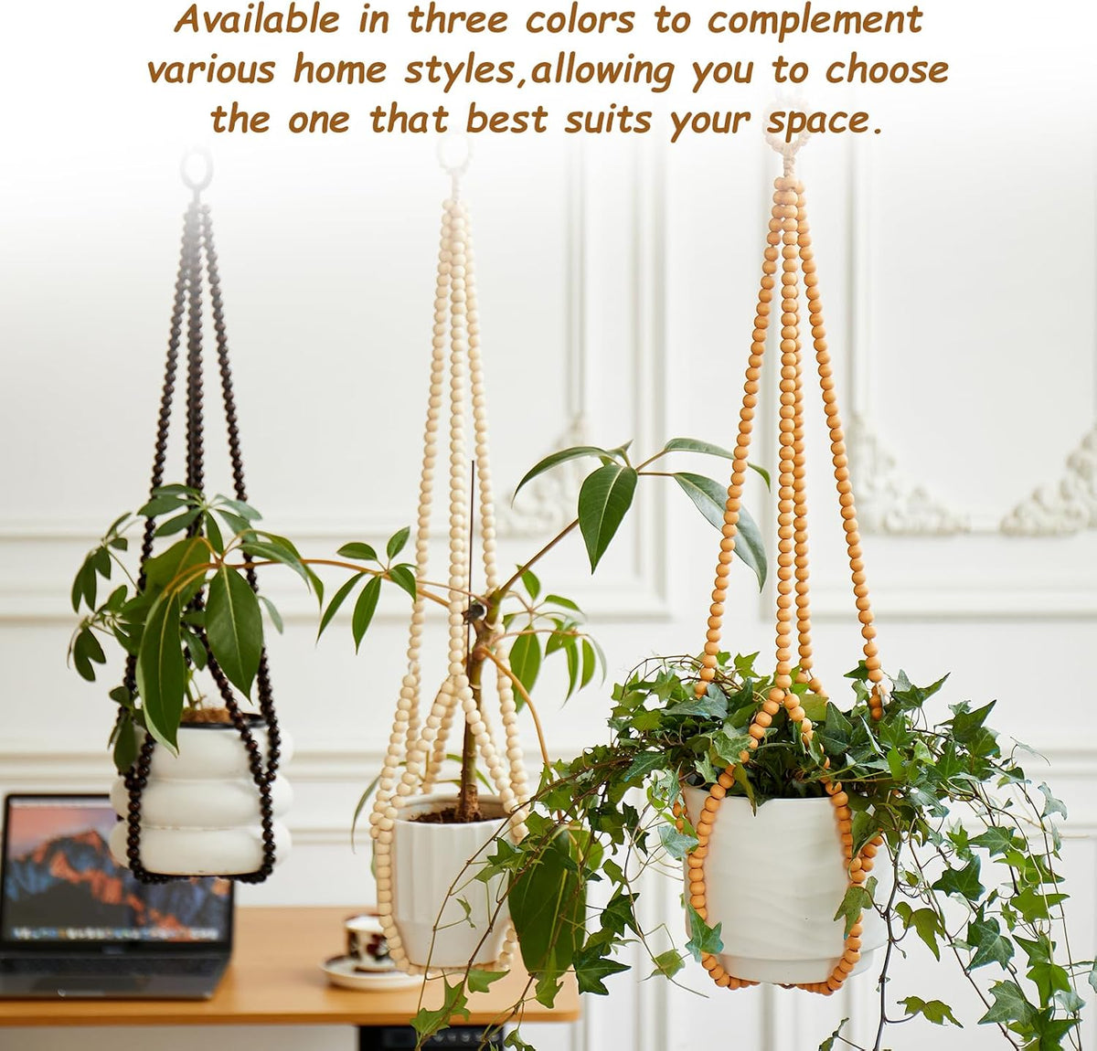 Boho Wood Bead Macrame Plant Hangers, 2Pack Handmade Beaded Hanging Planter Holders for Indoor with 4 Hooks, Fits 4–8 Inch Pots, Hanging Basket for Living Room Bedroom Window Patio Balcony Home Decor