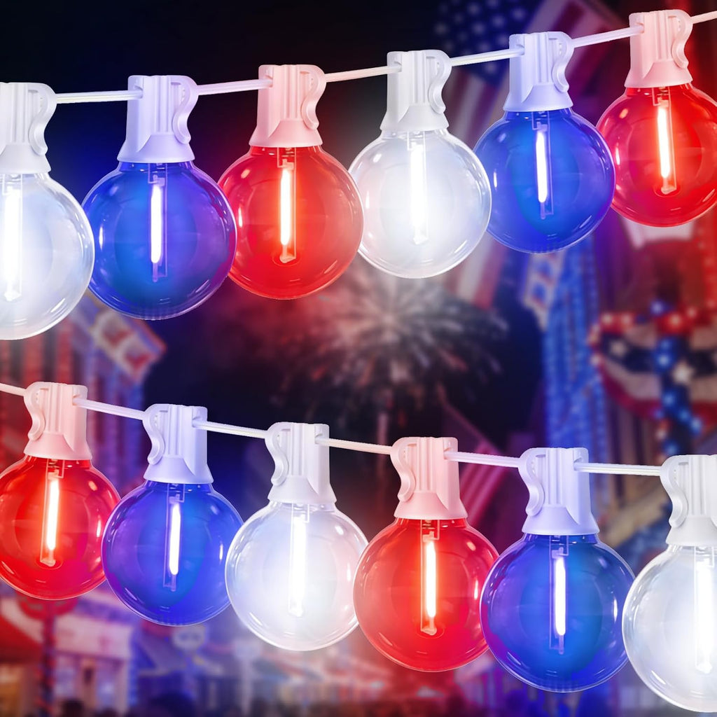 26FT 12 LED G40 Bulb Outdoor String Lights with White Wire, Multi Dynamic Lighting Modes, Decorative for National Day Holiday Garden Decor