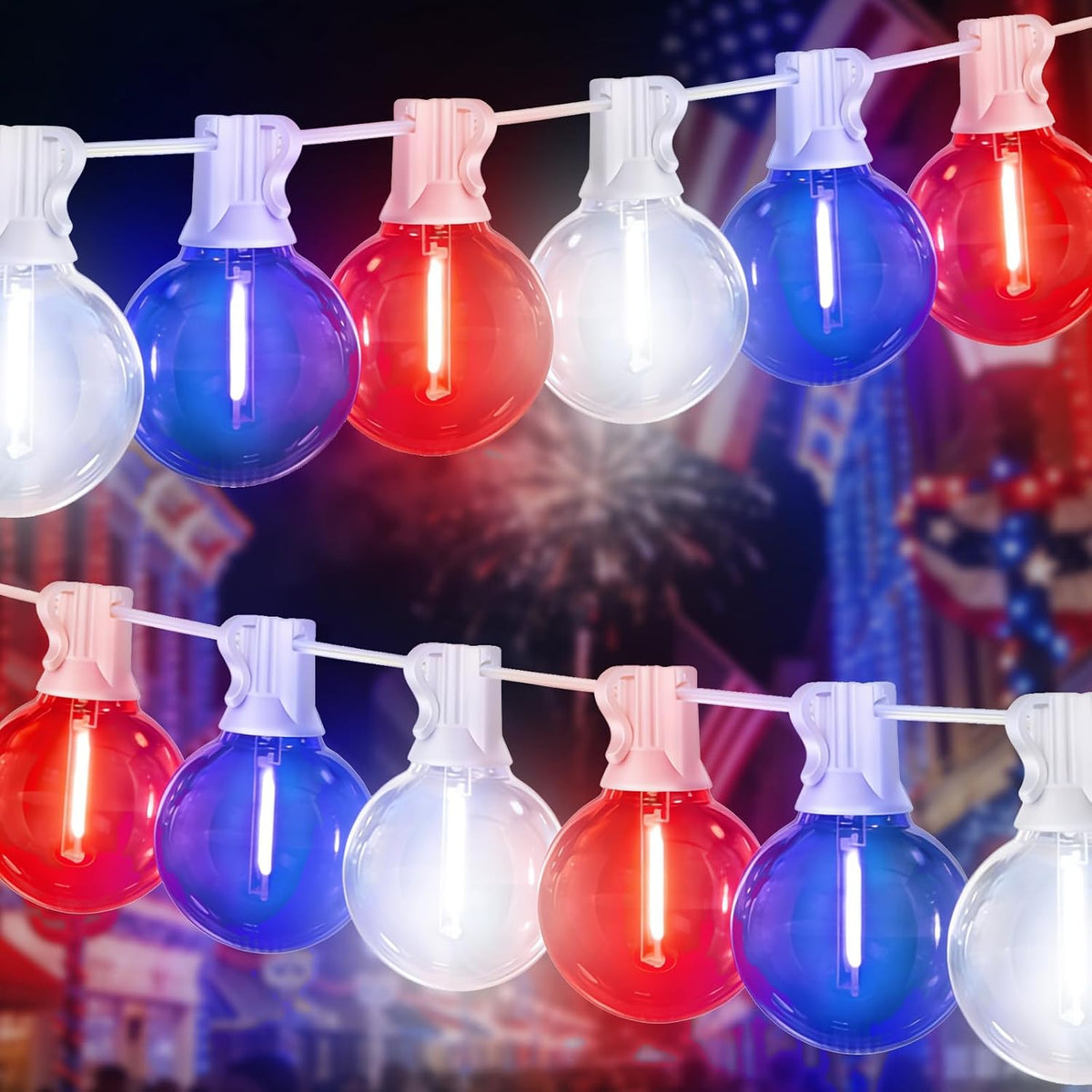 26FT 12 LED G40 Bulb Outdoor String Lights with White Wire, Multi Dynamic Lighting Modes, Decorative for National Day Holiday Garden Decor