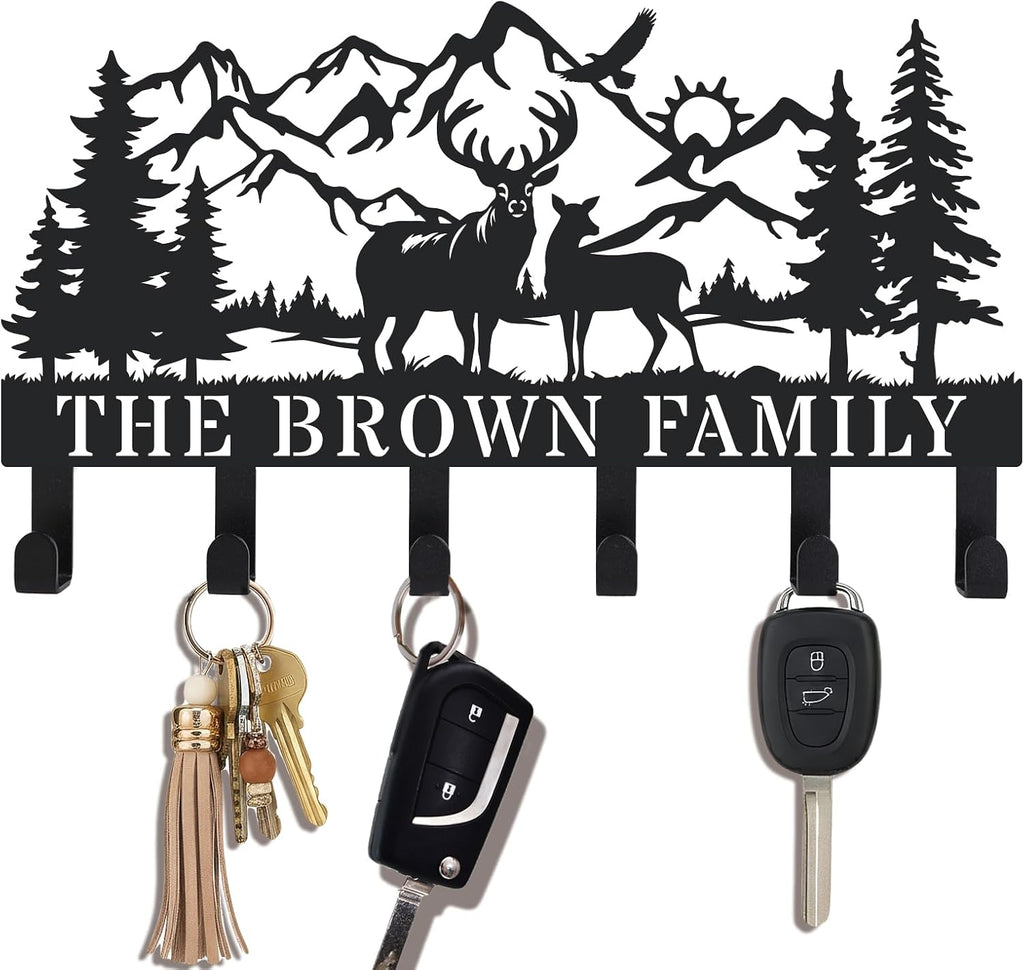 Personalization Deer Mountain Metal Key Holder custom Wall Mount Key Holder for Wall Rustic Cabin Decor Key Rack Hooks Hanger Woodland Wildlife Wall Art Entryway Organizer Housewarming Hunting Gifts