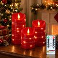 Homemory Red Flameless Candles with String Lights, 3 Pack Real Wax LED Pillar Candles with 3D Wicks, Battery Operated Candles with 11-Key Remote and Timer for Christmas Decor, 3" x 4"5" 6"