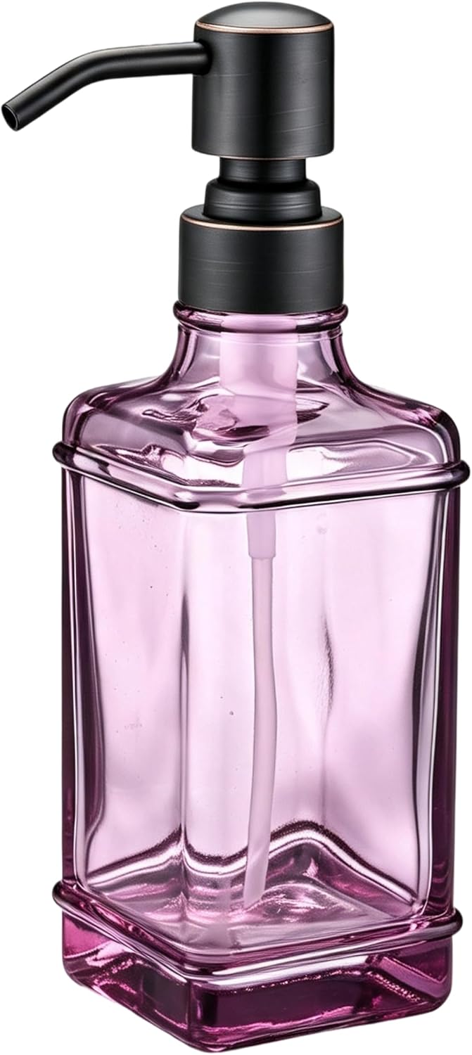 Soap Dispenser，10 Oz Antique Design Thick Glass Hand Soap Dispensers; with 304 Rust Proof Stainless Steel Pump, 6Pcs Stickers, for Kitchen,Bathroom Purple+Oil Rubbed Bronze
